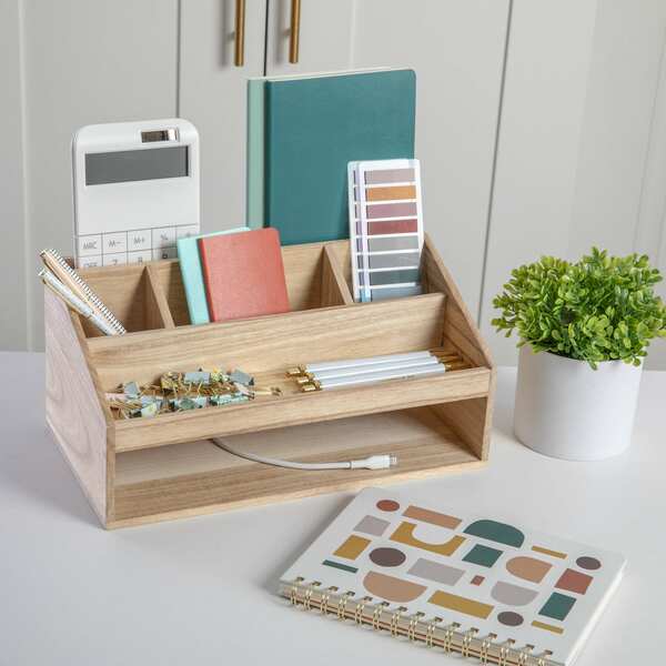 Martha Stewart Weston Wooden Desktop Organizer Caddy W/Open Lower Storage Compartment, Paulownia Wood, Light Natural LY-E20615-NAT-MS